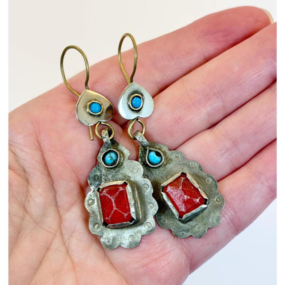 Vintage Earrings, Middle Eastern, Afghan: Red Glass, Mixed Metal, Boho, Ethnic